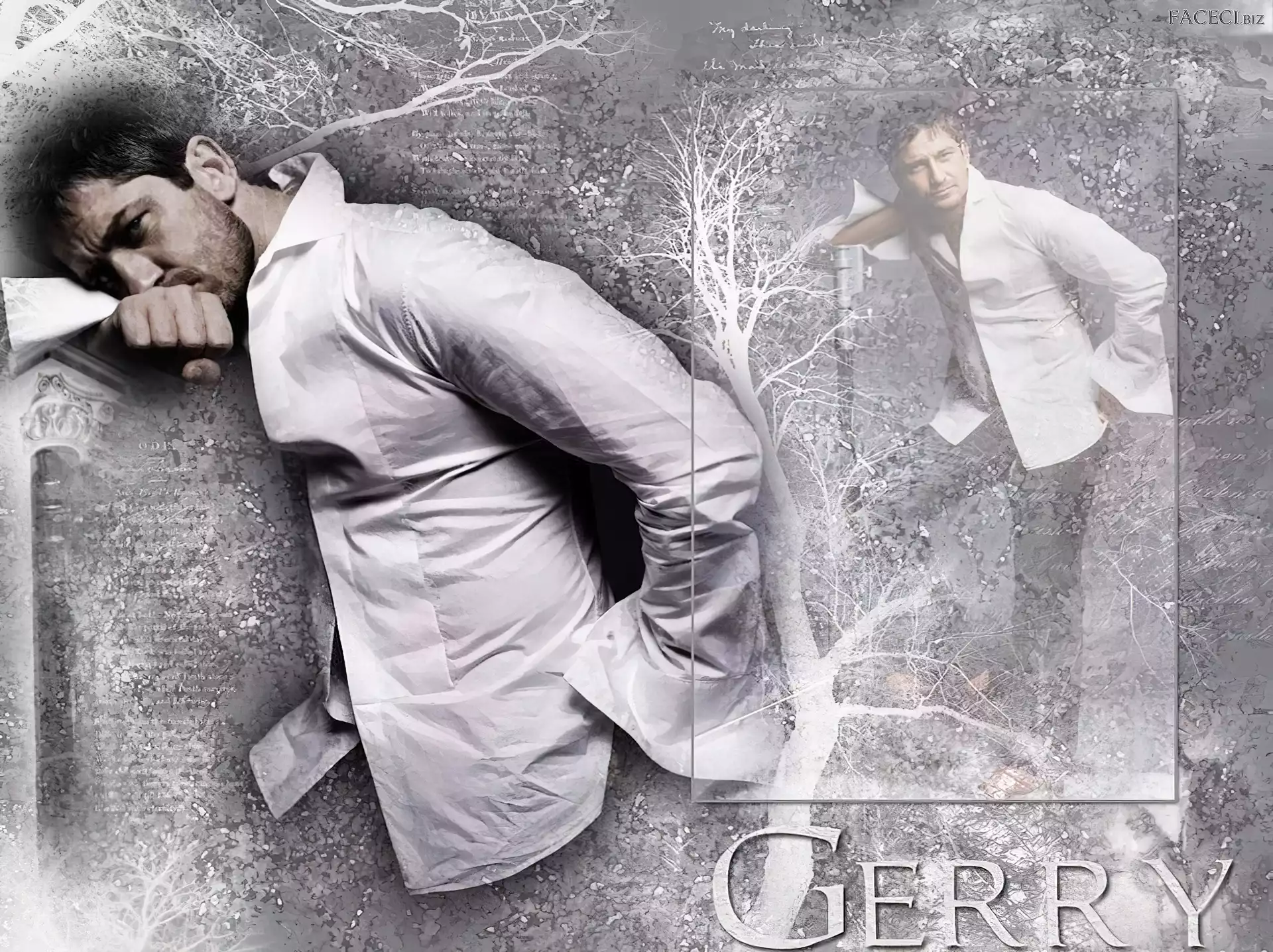 drzewo, Gerard Butler, biała koszula